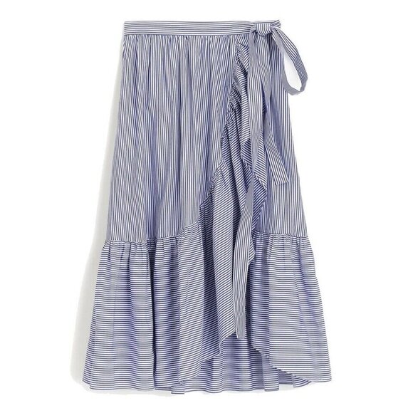 NWT  J.Crew Ruffle Wrap Skirt in Blue Shirting Stripe Cotton Poplin 10 - Picture 1 of 5